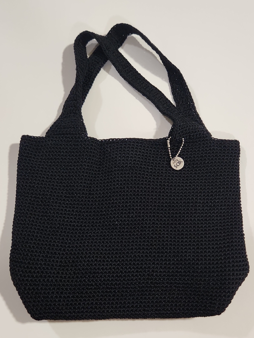 Vintage The Sak Black Woven Tote HandBag with Logo Charm